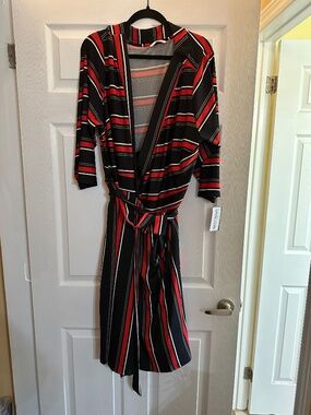 Ellos Black & Red Striped Faux Wrap Midi Dress with Tie Belt NWT Size 3X